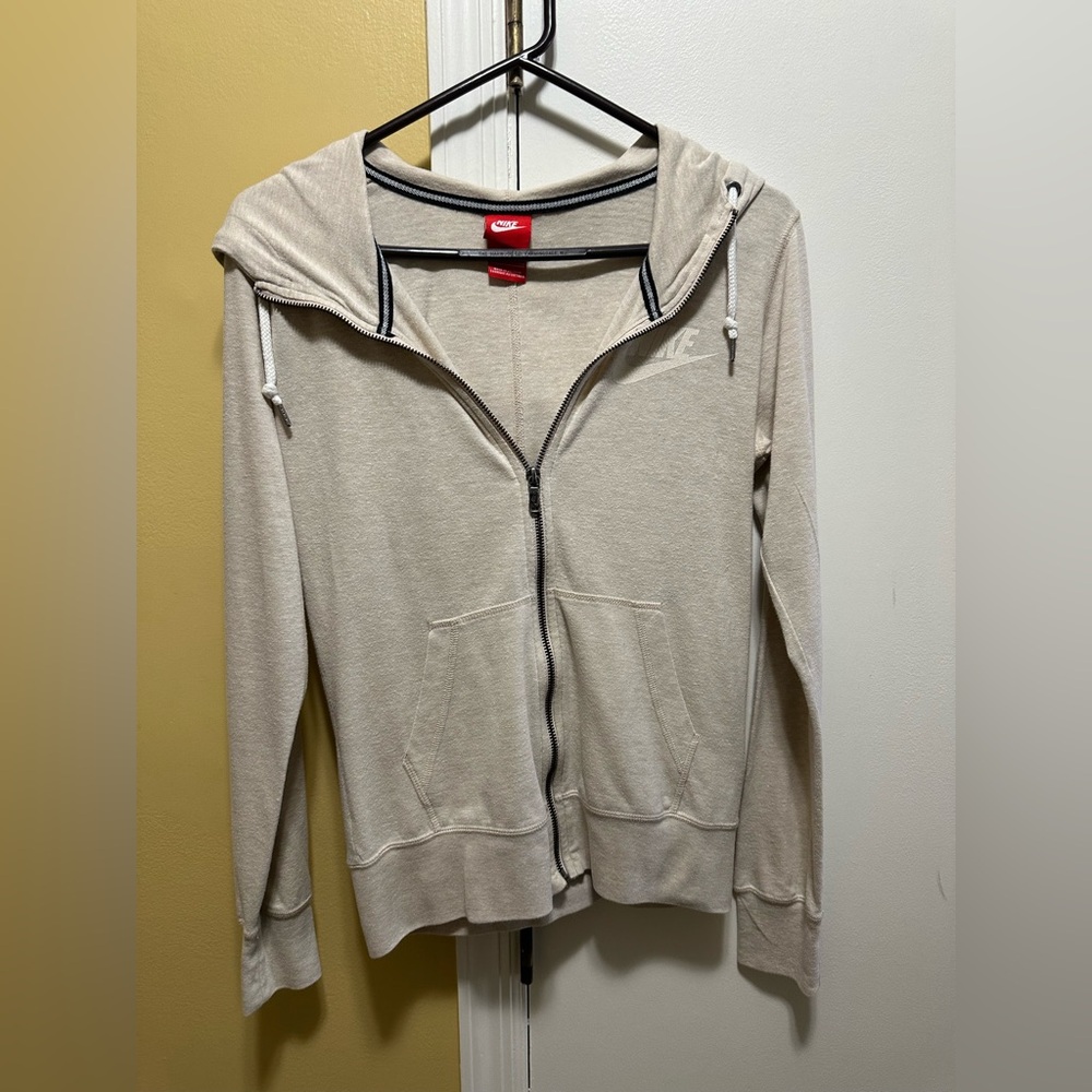 Nike Women's Light Beige/Cream Zip Drawstring Hoodie with White Logo Design.(S)